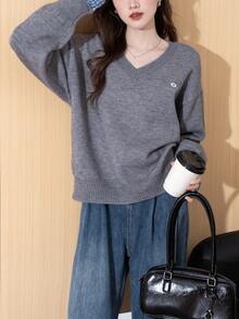 女士秋冬梭织格子拼接V领套头衫