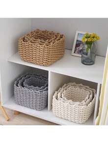 棉线编织方形收纳篮，日式米色收纳篮，用于桌面杂物收纳、零食玩具及钥匙收纳整理方形手工编织棉绳桌面收纳篮，用于整理收纳杂物零食手工草编软收纳 - 米色 - 查看 9