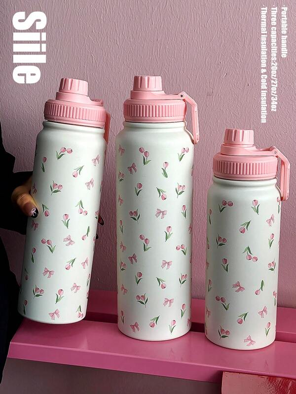 1pc 600ml/800ml/1000ml Pink Bow & Tulip Pattern Double Wall Stainless Steel Insulated Tumbler, Outdoor Sports Water Bottle, Flat Bottom Cup, Suitable For Office, Outdoor, Gym, Travel, Home; Birthday, Valentine's, Mother's Day, Graduation Gifts