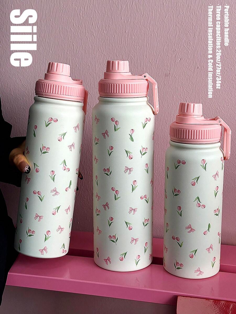 1 件 600ml/800ml/1000ml 粉色蝴蝶结和郁金香图案双层不锈钢保温杯，户外运动水瓶，平底杯，适用于办公室、户外、健身房、旅行、家居；生日、情人节、母亲节、毕业礼物