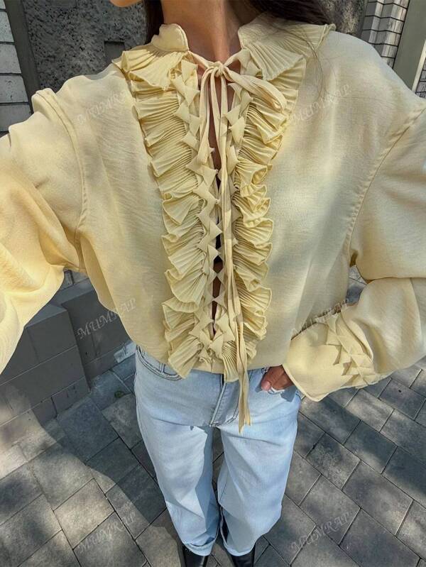 MUMRAP Dames Mode Effen V-hals Ruffles Shirts Zomer Vetersluiting Losse Blouse met Lange Mouwen
