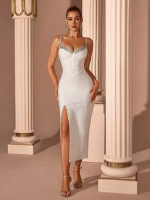 Elisanya 女士手工水钻装饰细肩带高腰露背开衩绷带连衣裙、派对礼服、婚礼宾客礼服，奶油黄色