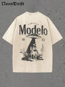 Y2K, Cool,UFO,Outdoor Sport,Modern Streets,Fashionable Pure Cotton Vintage Washed Men's T-Shirt, A Surprise Gift For Family And Friends, With Drooping Shoulder Sleeves And Round Neck,High-Quality Batik Cotton Retro Fashion Brand T-Shirt,A Certain Thickness Suitable For Summer T-Shirts, Holiday Gifts. - 杏色 - 查看 2