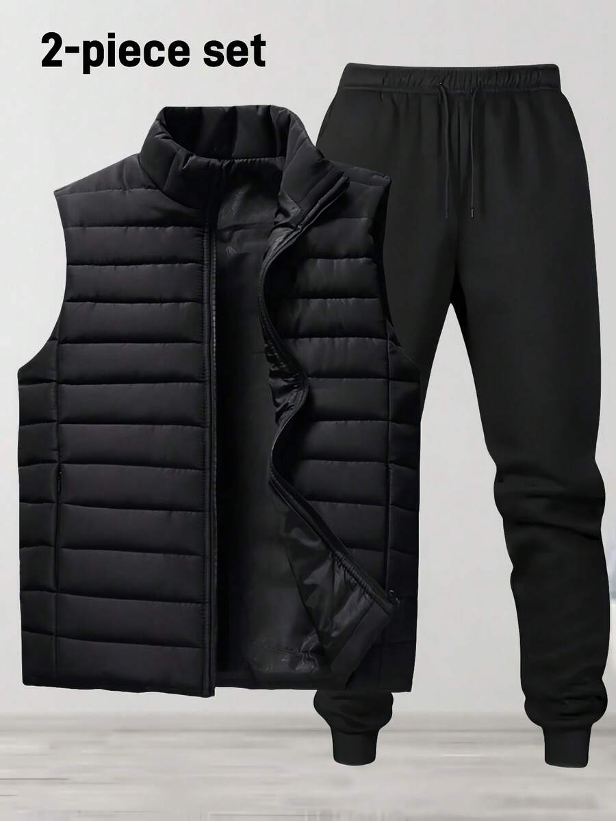2 件男士背心和裤子套装，时尚休闲棉质背心，配有松紧腰带和卷边羊毛裤，运动服套装，秋冬装 - 黑色 - 查看 1