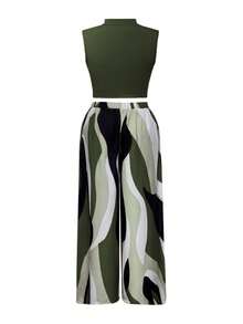 通勤/约会优雅套装：弹力针织无袖高领短款上衣 + 飘逸阔腿裤，几何图案 + 侧袋，适合外出穿着