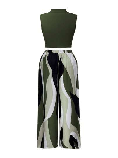 Commute/Date Night Elegant Set: Elastic Knit Sleeveless Mock Neck Cropped Top + Flowing Wide Leg Pants, Geometric Pattern + Side Pockets, Suitable For Outings Summer