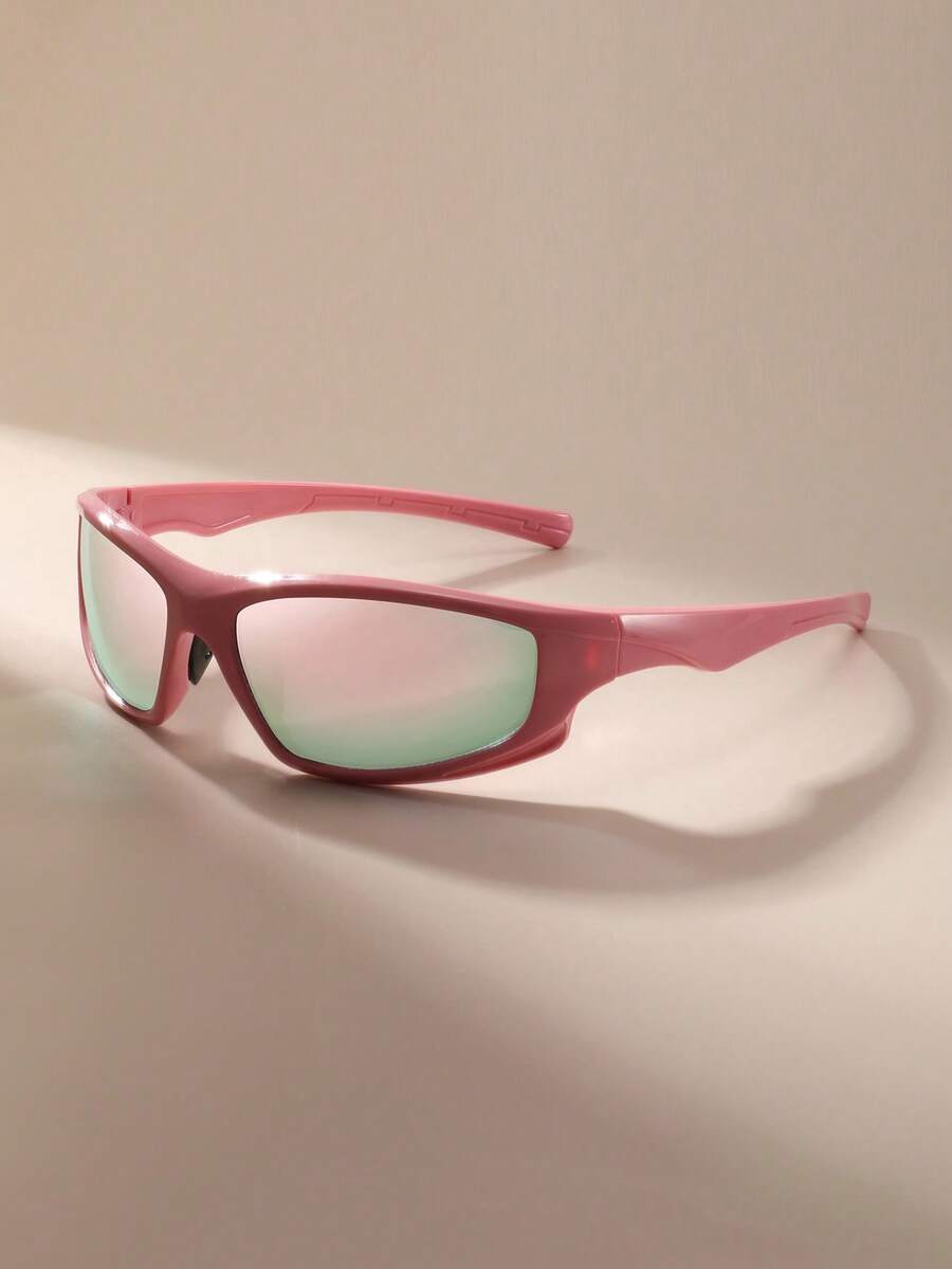 1 件女士粉色环绕式时尚 Y2K 风格户外运动个性化时尚眼镜，适合日常通勤、音乐节、狂欢派对