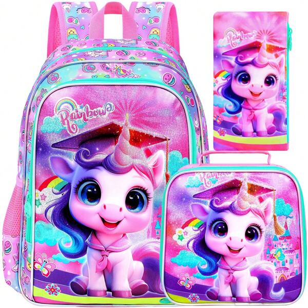 3PCS Backpacks For Girls, 16" Elementary Kids Cute Unicorn Backpack Preschool School Bookbags And Lunch Box