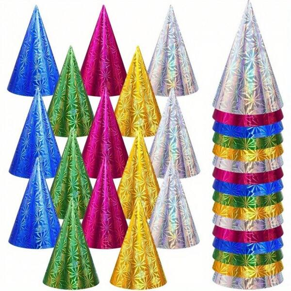 24pcs Metallic Foil Party Hats - Perfect For Birthdays, Christmas & More - Easy-To-Wear, Reusable, 6 Color Options