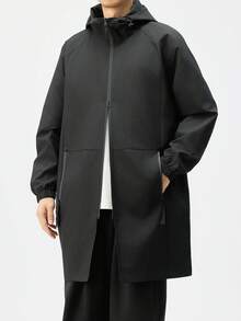 Plus Size Men's Solid Color Long Sleeve Hooded Long Jacket, Suitable For Autumn - Black - View 2