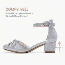 Girls Sandals Closed Toe High Heels Pointed Toe Ankle Strap Pumps Flower Girl Dressy Shoes In Wedding Party Cute Bowknot Chunky Block Heeled For Little Big Kids - 细粉銀 - 查看 3
