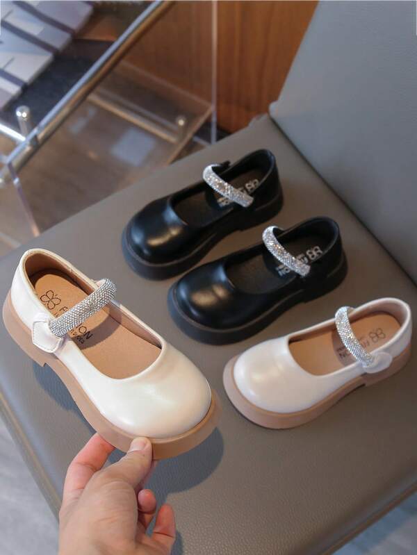 1Pair Girls' Solid Color Small Leather Shoes 2025 Spring New Style Children's Rhinestone Simple Style Casual Performance Princess Shoes Shoes Back To School