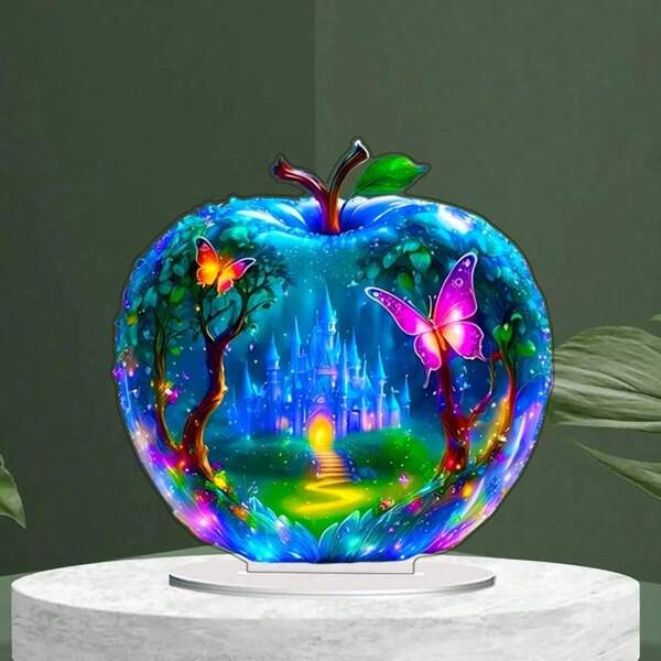 1pc 2D Illustration Acrylic Apple Shape Desktop Decoration Creative Painted Print Design Transparent Small Desktop Decoration For Home And Office, Versatile Holiday And Daily Decoration, Perfect For Giving To Friends And Birthday Gifts Autumn Gifts