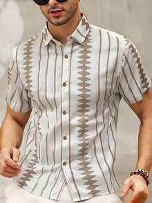 GOLDREDY Herren Mode Lässig vielseitig bedrucktes & gestreiftes Design Hemd mit Umlegekragen und Knopfleiste, Kurzarm - Khaki - Übersicht 5