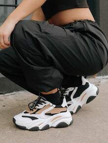 Women's Breathable Flat Sneakers Fashion Chunky Lace-Up Casual Comfortable Platform Sneakers Workout Sport Running Walking Tennis Shoes - 黑與白 - 查看 5