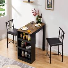 VECELO Breakfast Bar Table And Stools Set For Kitchen Dining Room Pub, Industrial Style With Steel Frame, Storage Shelves, Space-Saving Design - Brown - View 3