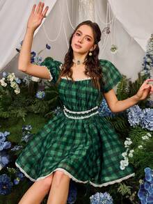 Faeriesty Dreamy Vintage-Chic Bubble Sleeve Plaid Dress With Lace Trim Neckline, Waist, And Hem, Adjustable Drawstring Hem – Perfect For Spring/Summer Garden Parties, Casual Outings, And Elegant Events (Boho-Romantic Style, Vibrant Plaid Fabric, Flowy Ruffles, Seasonless Versatility) Summer Dress Spring Clothes