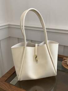 1pc Solid Color Metallic Decoration PU Leather Large Capacity Snap Button Minimalist Fashion Shoulder Tote Bag, Suitable For Women's Daily Use