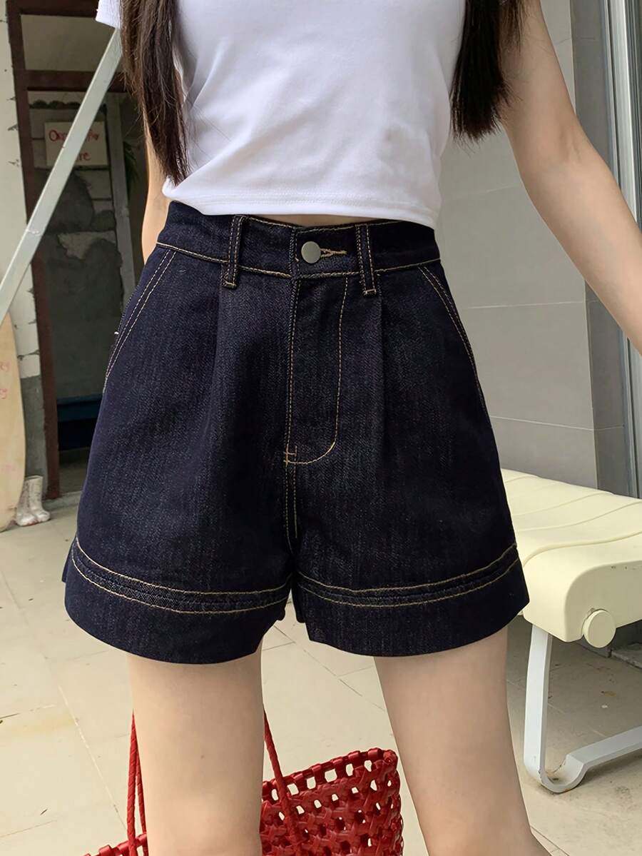 女士弹力腰海军蓝时尚短裤 - 深藍 - 查看 1