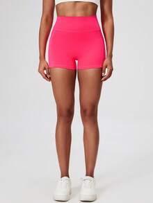 Letter Pattern High Waist Yoga Shorts With Pocket, High Stretch Butt Lifting Sports Running Workout Shorts, Women'S Activewear - Pink - View 5