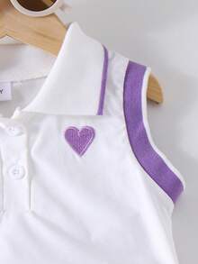 2pcs Girls School Sports Collar Heart Embroidered Sleeveless Tank Top And Pleated Skirt Set, Summer