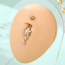 1pc Fashion Personalized Gold Stainless Steel Rhinestone Decorated Flower Tassel Navel Piercing, Women Body Jewelry