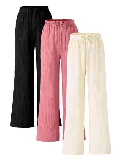 3pcs Girls' Spring/Summer Straight Leg Pants, Elastic Waist Wave Striped Casual Outdoor Comfortable Soft Trousers (Black + Light Pink + Apricot), Fashionable Versatile Elegant Style Tween Girl Clothing
