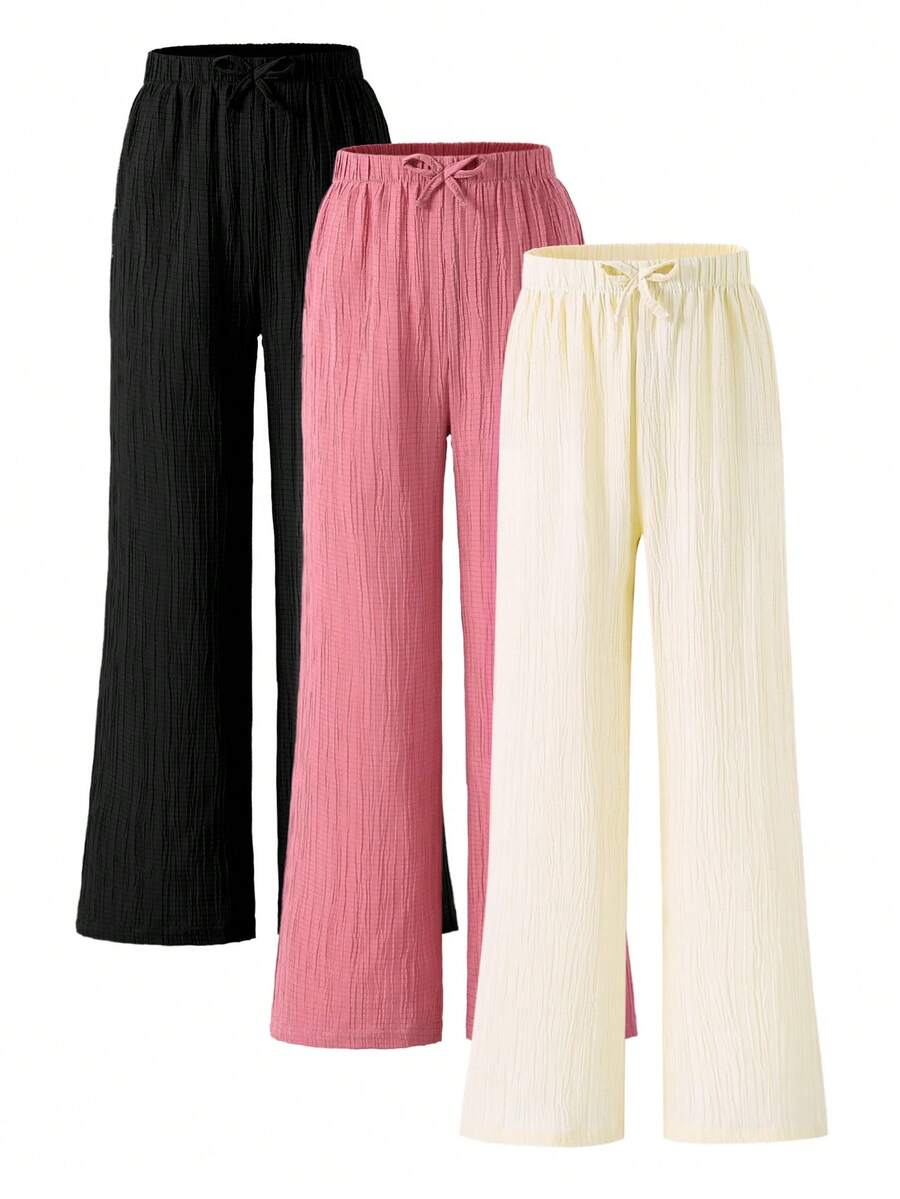 3pcs Girls' Spring/Summer Straight Leg Pants, Elastic Waist Wave Striped Casual Outdoor Comfortable Soft Trousers (Black + Light Pink + Apricot), Fashionable Versatile Elegant Style Tween Girl Clothing - Multicolor - View 1