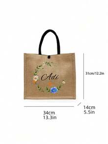 2pcs/Set Customized Name With Floral And Leaves Wreath Pattern Tote Bag And Makeup Pouch Set, Women's Linen Large Capacity Handbag, Shopping Bag, Portable Casual Storage Handbag, Suitable For Daily Travel, Beach Vacation, Large Capacity Shopping Bag, Very Suitable For School, Birthdays, University, Work, Business, Commuting, Outdoor, Travel, Outdoor, Vacation,Back To School Supplies - Khaki - View 10