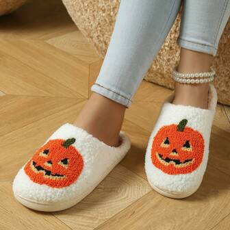 Chaussons en peluche citrouille d'Halloween, chaussons d'intérieur confortables pour femmes avec doublure chaude, chaussons de couple de dessins animés