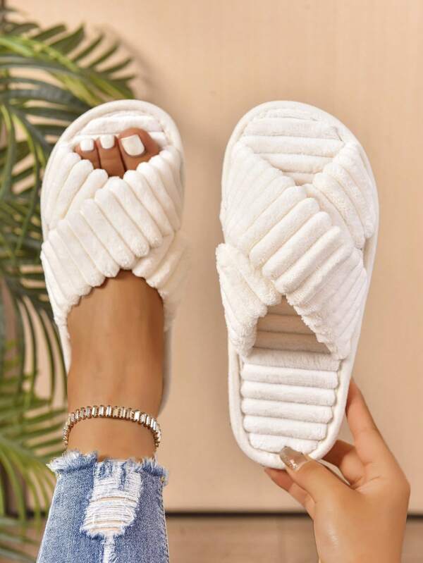 Women's Criss-Cross Open-Toe Slippers And Women's Fashionable Criss-Cross Plush Fluffy White Slippers Are Lightweight And Non-Slip, Suitable As Comfortable House Shoes For Indoor Home And Bedroom Floors, And Applicable In All Seasons.