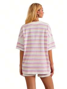 Conjunto de pijama de 2 piezas para mujer, ropa de estar por casa, trajes de rayas con botones de color en contraste, tops y pantalones cortos de punto de crochet, conjuntos de estar por casa - Morado - Ver 4