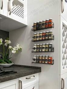 1/2/4 Piezas, Estantería de especias de acero inoxidable, Estantería de almacenamiento sin taladrar, Estantería de almacenamiento de botellas de condimentos de cocina, Decoración de pared, Decoración del hogar. - Negro - Ver 8