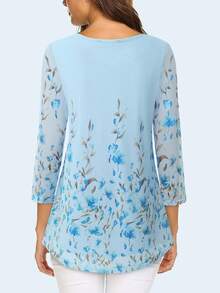 CheersLife Damen Tunika Oberteil mit 3/4 Ärmeln, lässig, lose Passform, Blumen Bluse, Mesh Plissee Layering Shirt