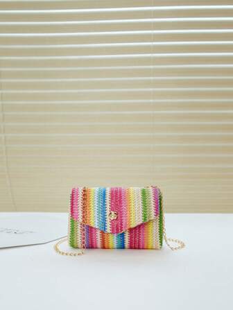 迷你时尚编织材质彩色翻盖链条斜挎包，女士单肩包，可装手机，适合送礼、度假、购物