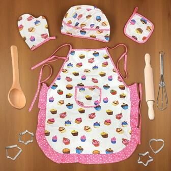 11pcs Cake Pattern Pretend Play Kitchen Toys Set, Includes Apron, Baking Utensils - For Learning Cooking, Role Playing, Holiday Activities