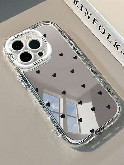 1pc Fashionable Full-Screen Heart Pattern, Cream Color Mirror IMD Makeup Protection Case, Can Be Given As Holiday Gift, Compatible With IPhone 11 Pro Max/12/13/14/14Plus/15/15Plus/16/16Plus Waterproof Shockproof Anti-Fall Scratch Resistant