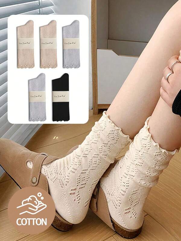 5 pares de meias femininas de cor sólida com babados, respiráveis e legais, estilo acadêmico, até a panturrilha, adequadas para casa, deslocamento, festas e presentes para o Dia dos Namorados