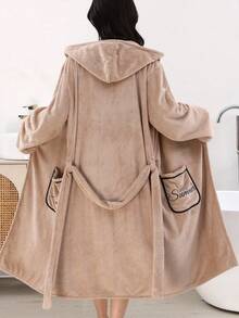 1pc Women's Solid Color Long Sleeve Pocket Casual Thickened Hooded Robe, Suitable For Autumn/Winter - Brown Decals - View 6