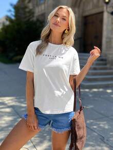 EMERY ROSE Women's Summer Letter Print Round Neck Short Sleeve Casual Versatile T-Shirt - White - View 4