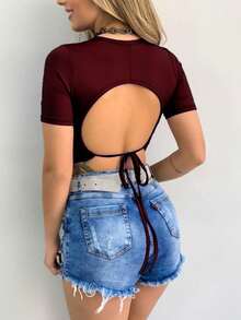 CROPPED TOP WITH PADDED SHORT SLEEVES TIE AT THE BACK SUPLEX SEXY - Gỗ đỏ - Xem 1