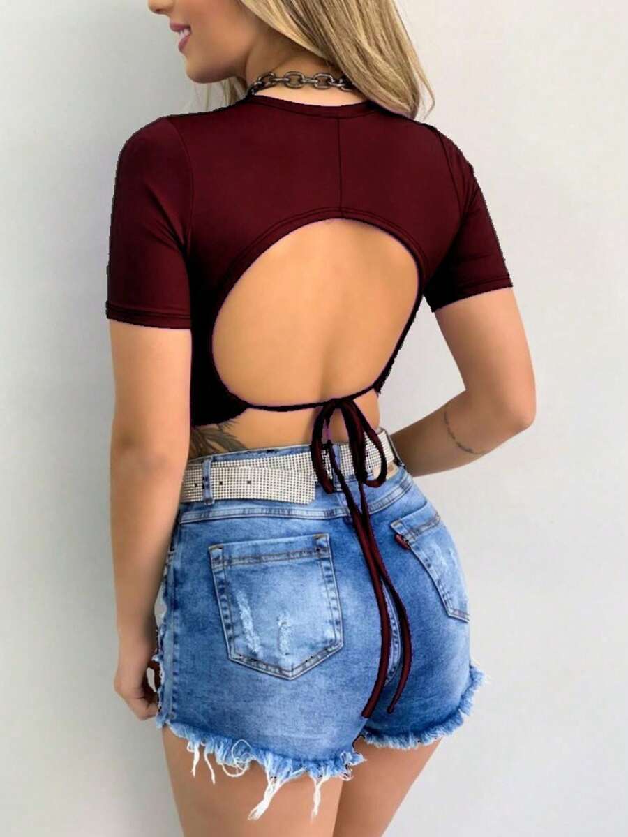 CROPPED TOP WITH PADDED SHORT SLEEVES TIE AT THE BACK SUPLEX SEXY - Gỗ đỏ - Xem 1