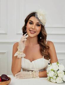20s 50s Pillbox Derby Fascinator Hat Fascinators Hair Clip Wedding Tea Party Hat And Short Lace Gloves Women - 淺褐色的 - 查看 3