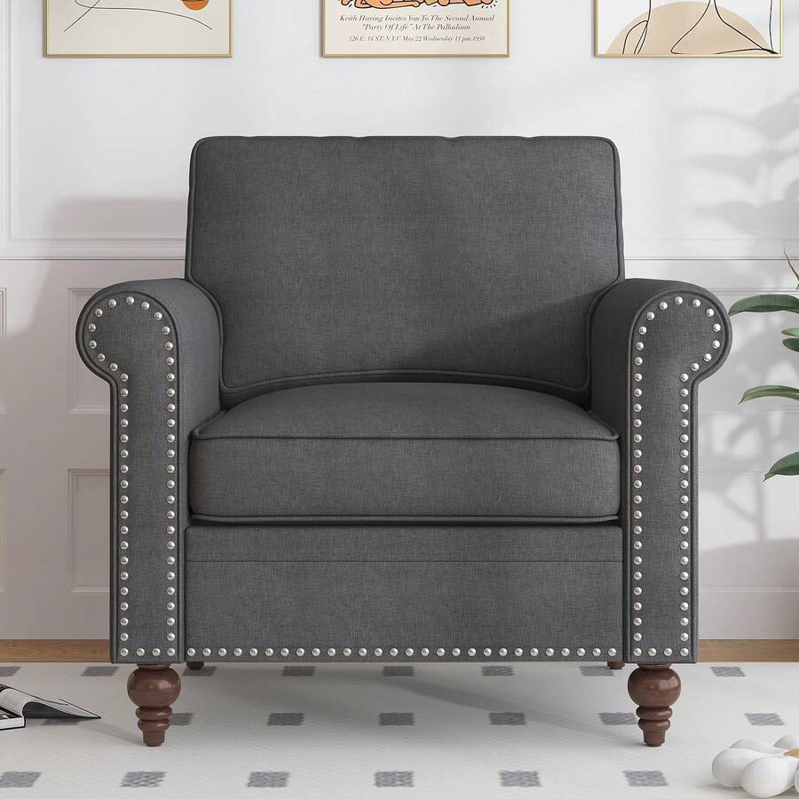 Modern Linen Single Sofa Chair With Armrest, Small Couchs For Living Room, 1-Seater Sofa For Apartment, Small Spaces, Bedroom,Dark Grey - 深灰色 - 查看 1