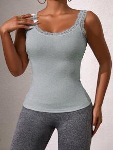 Women Lace Floral Camisole, Lace Patchwork Camisole Top, Casual Solid Color Camisole, Women Sleeveless Lace Trim Solid Color Round Neck Camisole - Grey - View 3