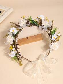 1 szt. wianek z kwiatów stokrotek w stylu boho, regulowana opaska na głowę z kwiatami dla dziewczynki - Beżowy - Zobacz 3