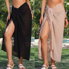 Pareo para Mulheres Longo Cobertura para Maiô de Praia, Pareo com Borlas, Saia de Maiô Bikini Cobertura para Traje de Banho