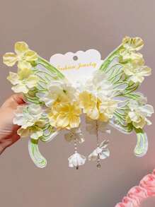 2 buc agrafe de păr cu fundă mare din șifon pentru copii, agrafe de păr cu ciucuri și perle florale fantezie, potrivite pentru petreceri și ieșiri zilnice (fără card)