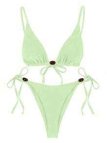 Polovedo Official New Arrival Spring/Summer Elegant Sexy Green Solid Color Tie-Up Women's Bikini Swimsuit, Beach Holiday Party Date - Green - View 2