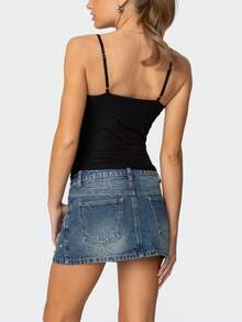 Women Solid Color Spaghetti Strap Casual Summer Fashion Sleeveless Tank Tops Clubwear For Daily Party V Neck Open Banck Crop Top Ruched Going Out Tops Y2k Streetwear - màu đen - Xem 4